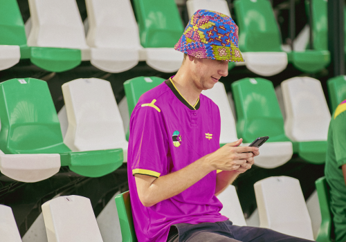 a image of a sports fan on his phone in stadium