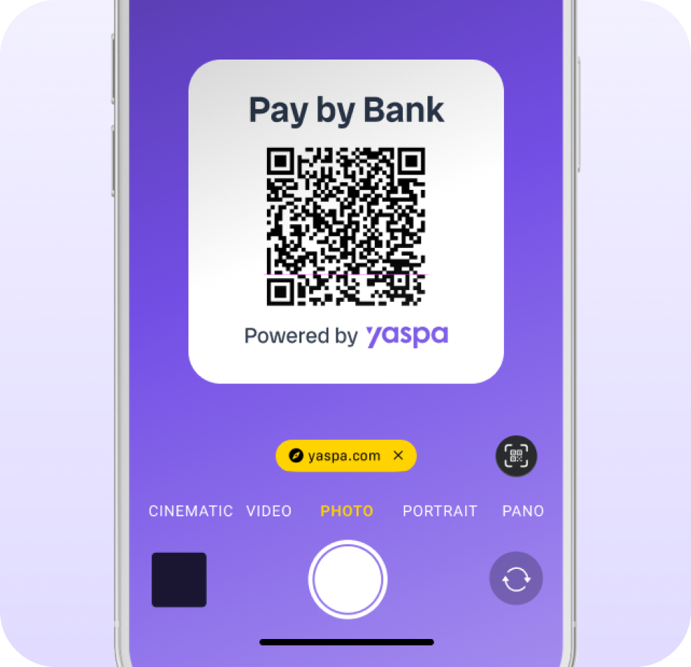 a example QR code with text 'pay by bank, powered by Yaspa'